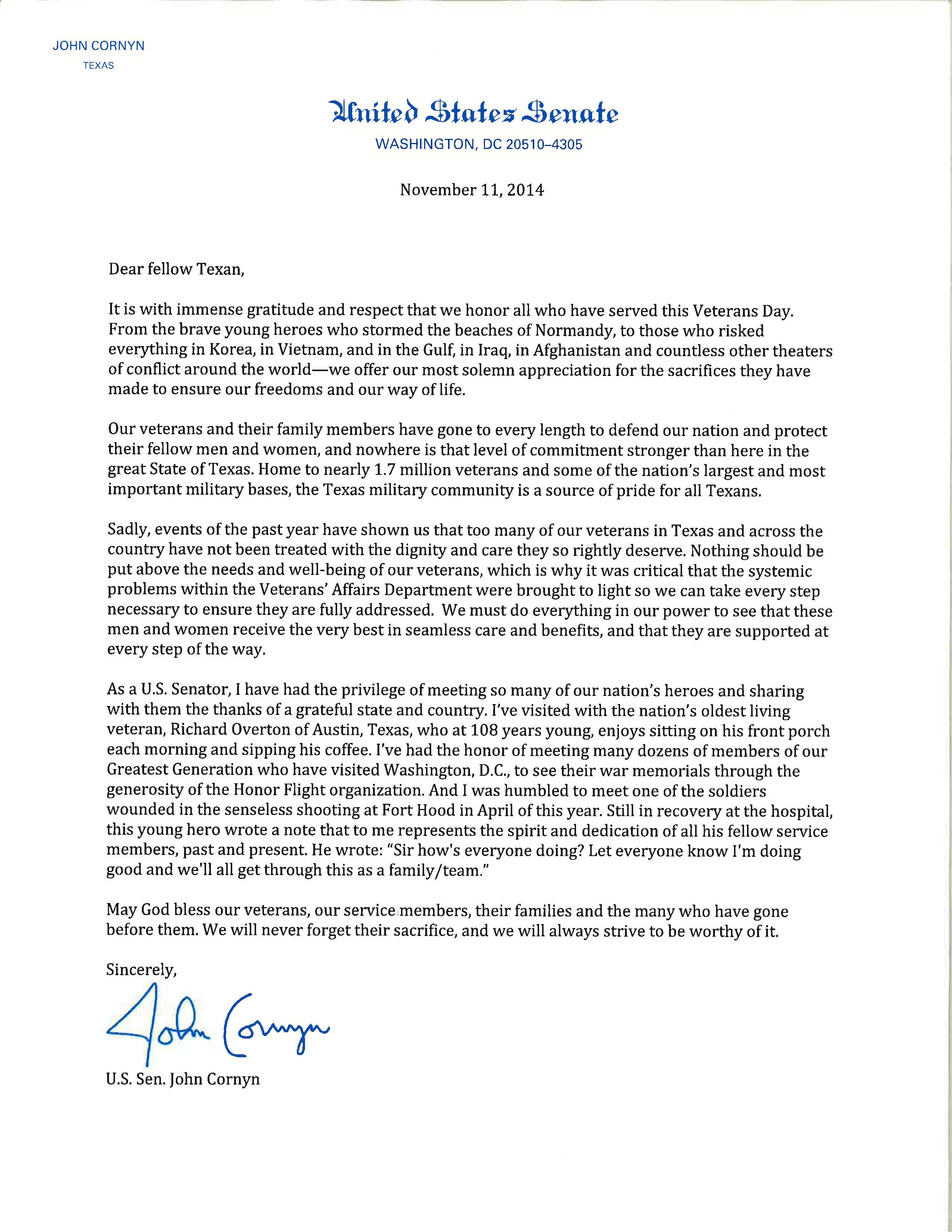 Veteran’s Day letter from Senator John Cornyn City of Mission